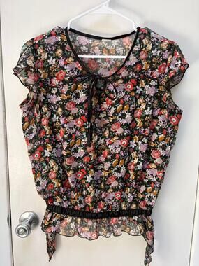 Floral Chiffon Blouse M Sheer Cap Sleeve Elastic Waist Boho Peplum Top Knot M